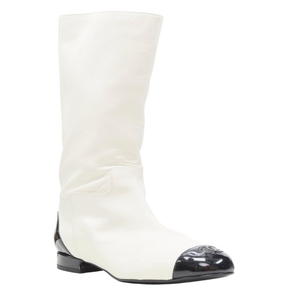 CHANEL Shoes - Chanel CC Cap Toe Boots White Black Leather Size 38